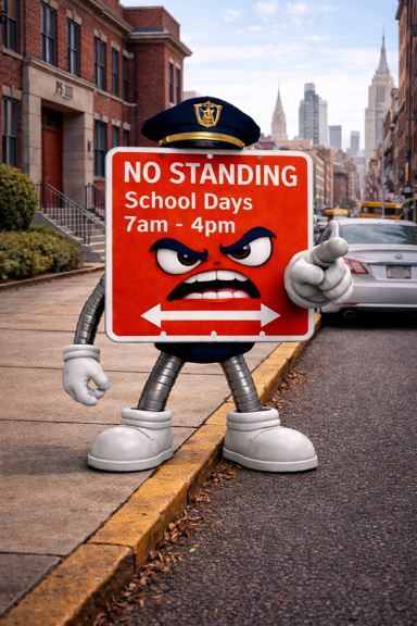Señales y contexto de estacionamiento cerca de una calle escolar en NYC
